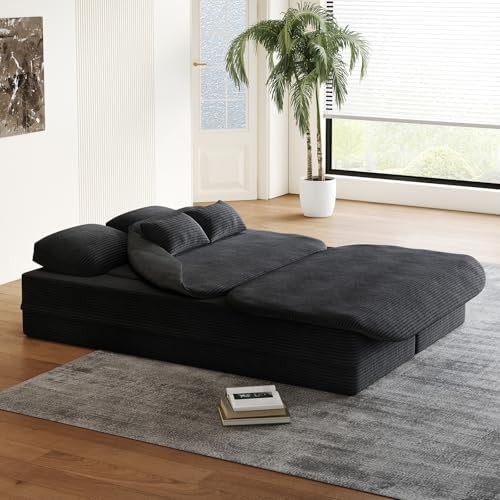 Antetek Convertible Sleeper Sofa, Modern Folding Futon Corduroy Floor Foam Compression Loveseat Sofa Bed Couch, Foldable Full Size Guest Bed with 4 Pillows for Living Room Bedroom Apartment, Black