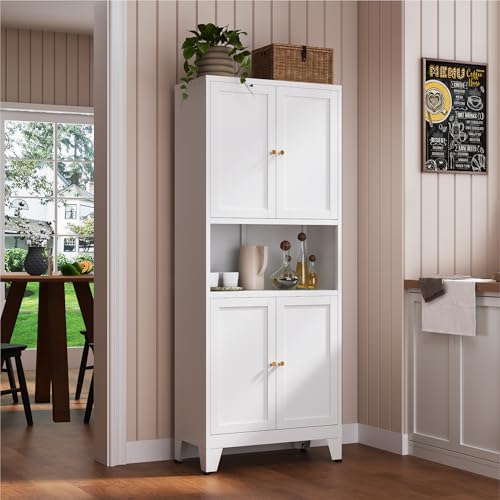 YAUWOH 69" Tall Metal Kitchen Pantry Cabinet with Microwave Shelf, 4 Doo...