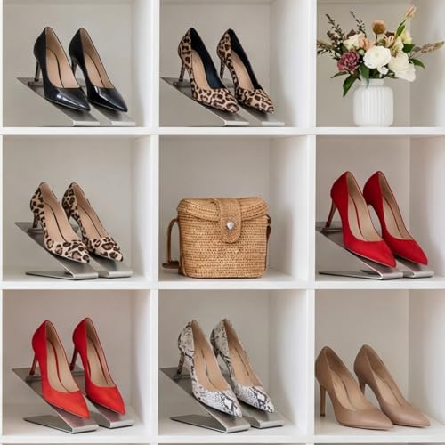 Therwen 4 Pcs Gold Shoe Display Stand Shoe Rack Stainless Steel Golden Metal Riser High Heel Display Rack Holder for Home Shopping Malls (Shape V,Silver)