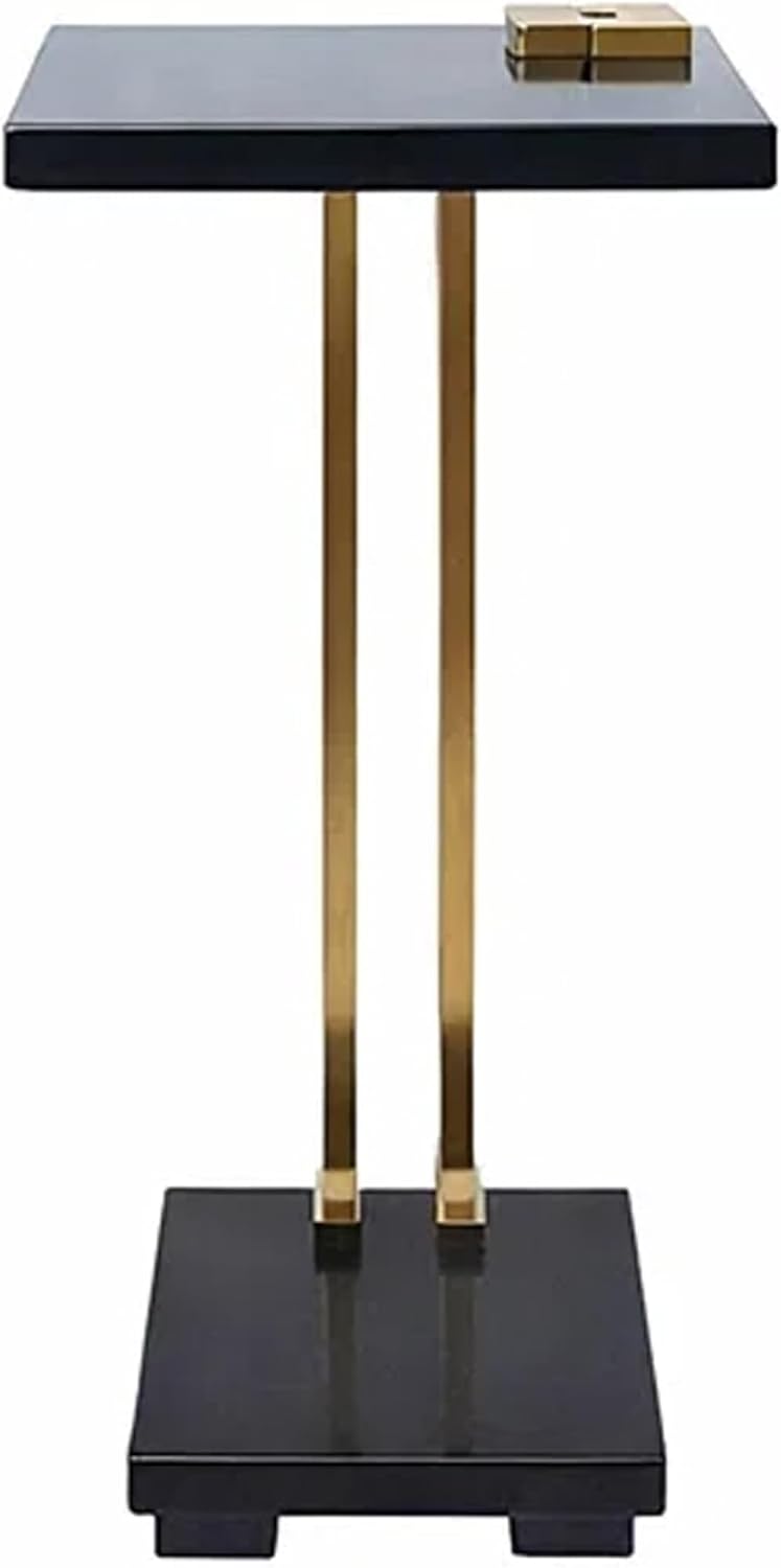 Benzara Dani Side End Table, Square Black Marble Top and Base, C Shape, 13 Inch