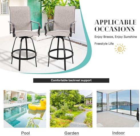 Vongrasig 2 Piece Patio Swivel Bar Chairs, All Weather Metal Textile High Swi...