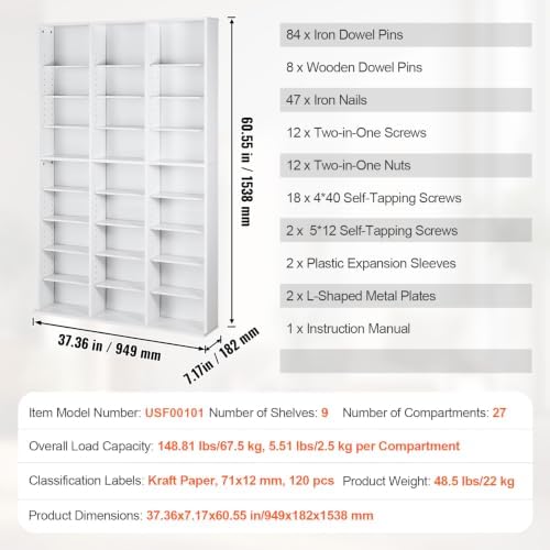 VEVOR Media Storage Cabinet, 9-Layer DVD Shelf, Adjustable CD Shelves 27 Comp...