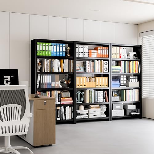 5 Tier Metal Bookshelf, Black 69" Tall Bookcase, Large Heavy Duty Book S...