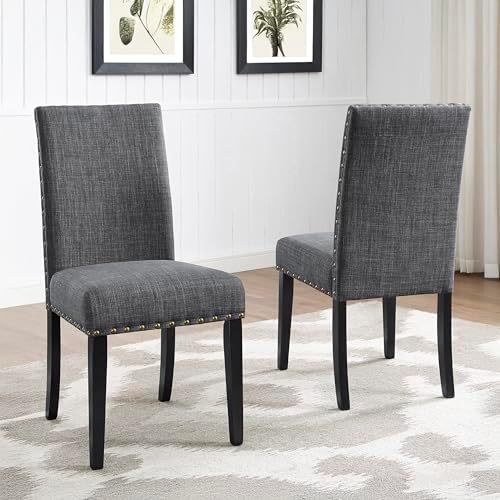 Roundhill Furniture Biony Gray Fabric Dining Chairs with Nailhead Trim, Pack ...