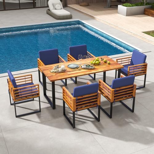 Tangkula 7 Piece Patio Dining Set, Acacia Wood Dining Chair & Table Set, ...