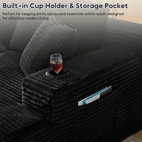 125" U-Shaped Modular Sectional Sofa, Corduroy Couch, Black