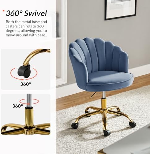 HULALA HOME Velvet Home Office Desk Chair with Gold Base, Slate-Blue | Adjust...