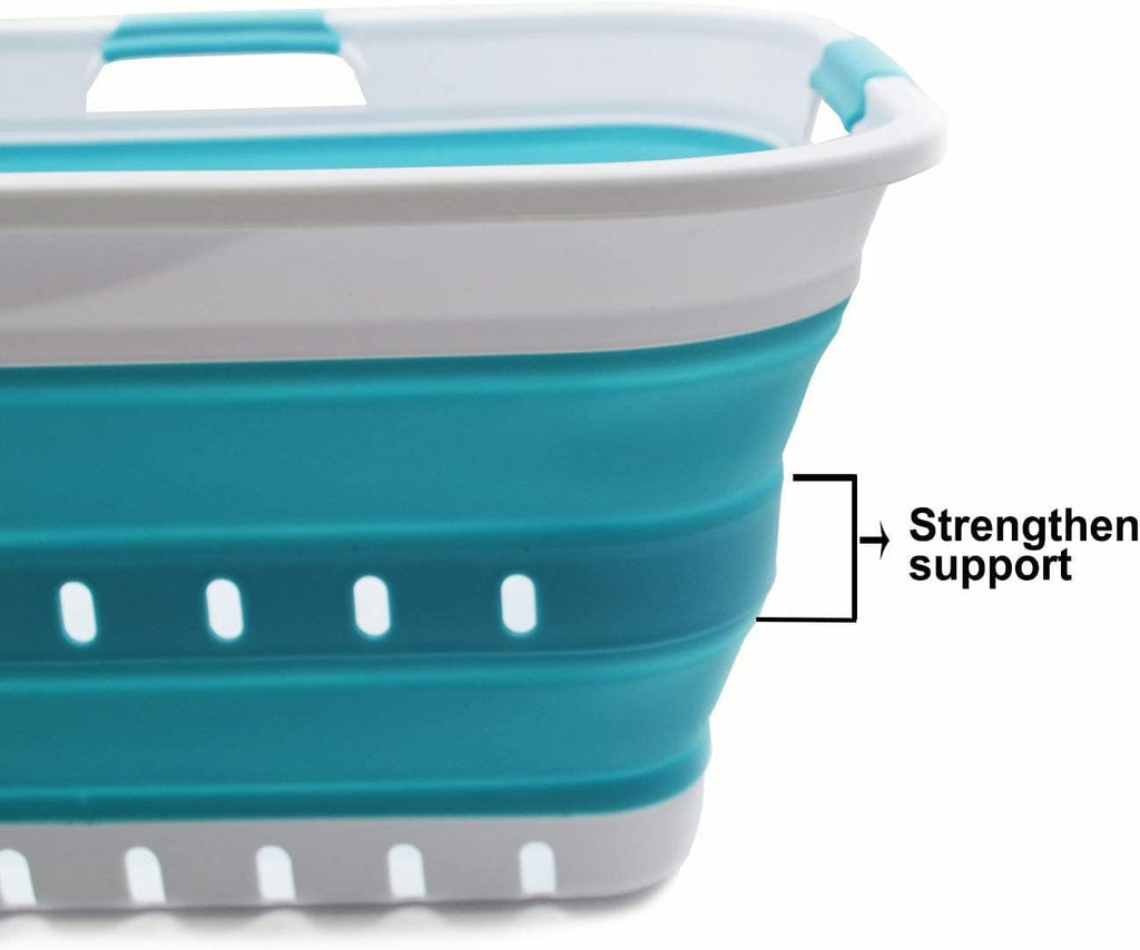 SAMMART 42L Collapsible Plastic Laundry Basket - Foldable Pop Up Storage Container/Organizer - Space Saving Hamper/Basket (1, White/Bright Blue)