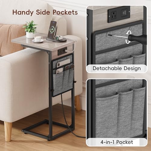 VAGUSICC C Shaped End Table with Charging Station, Adjustable Height Side Tab...