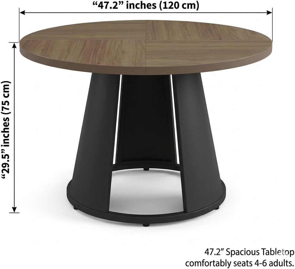 HIPIHOM 47.2” Round Dining Table Set for 4 Modern Wood Table with 4 Upholstered Leather Chairs, Metal Pedestal Base, Space-Saving Kitchen & Dining Furniture for Small Apartments and Compact Spaces