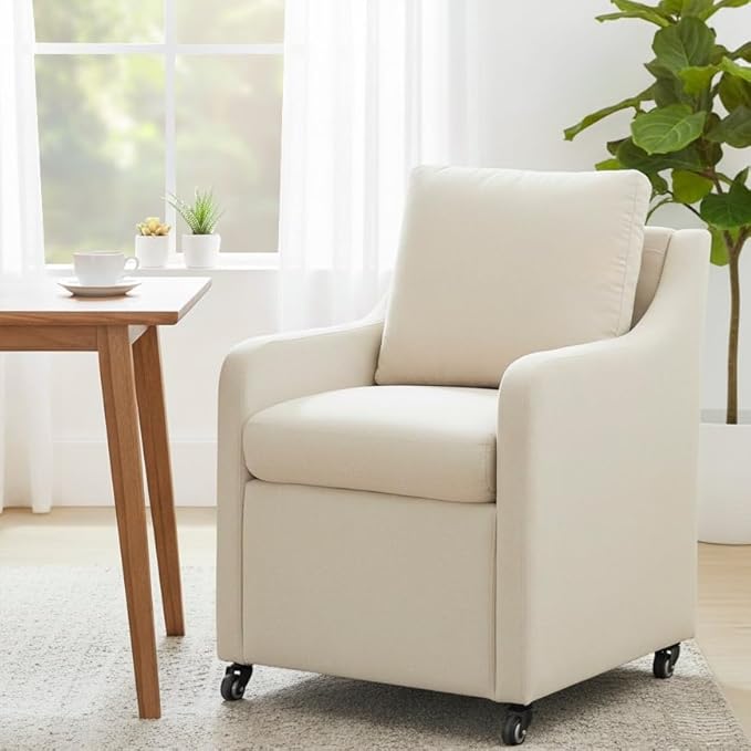 Rolled Dining Chair with Casters, Upholstered Modern Rolling Armchair with Wheels for Kitchen (1, Fabric Beige)