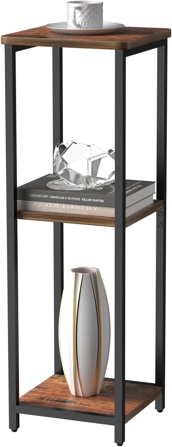 10" Wide Square Drink Table with Adjustable Feet - 3-Tier Small Side Table for Apartments, Balcony & Office | Space-Saving, Lightweight & Multi-Functional (Plants, Books, Drinks, Brown)