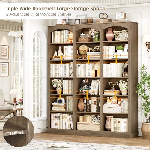 FACBOTALL 71" Triple Wide Bookshelf, 6 Tier Bookshelf, Large Arch Bookcase