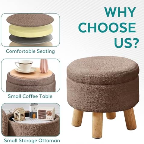Small Foot Stool Ottoman with Storage, Sherpa Ottoman Foot Rest for Couch, Ro...