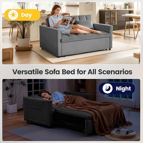 54" Convertible Sofa Bed with Adjustable Backrest, Dark Gray | Soft Velv...
