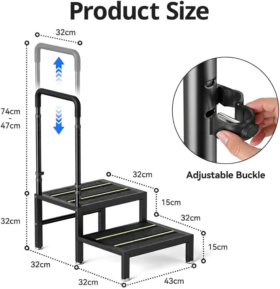 2 Step Stool with Handle, Heavy Duty Step Stool for Elderly and Adults, Adjus...