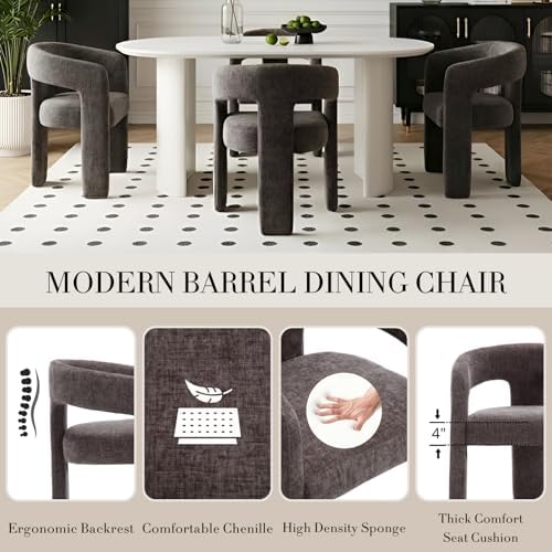 Modern Chenille Barrel Dining Chair Upholstered Fabric Dining Room Chair with...