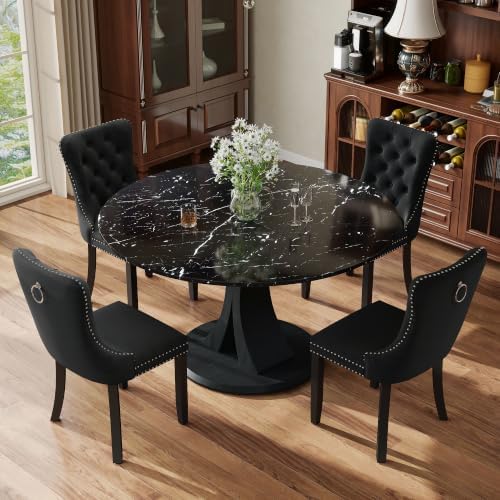 5-Piece Dining Table Set for 4 with 47 In Black Faux Marble Round Table
