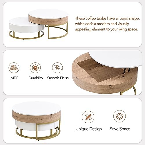 Modern Round Lift-top Nesting Coffee Tables with 2 Drawers Multiple End Table...