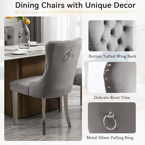 7 Piece Dining Table Set with Chairs, Faux Marble Dining Table and Gray Chair...