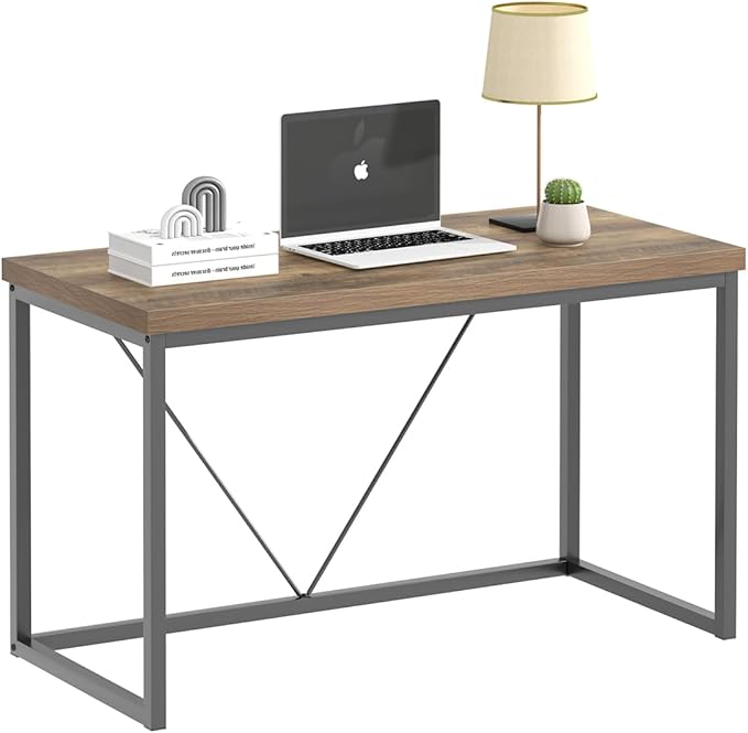 FOLUBAN Modern Home Office Desk, Rustic Wood and Metal Computer Desk, Industrial Study Writing Gaming Table Workstation, Vintage Laptop PC Desk, Oak 47 Inch