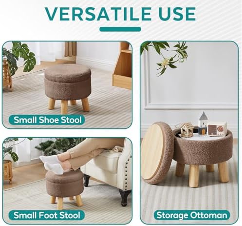 Small Foot Stool Ottoman with Storage, Sherpa Ottoman Foot Rest for Couch, Ro...