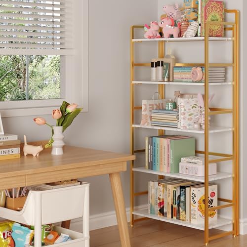 JSB 5 Tier No Assembly Folding Bookshelf, Arched Bookshelf, Foldable Bookcase...