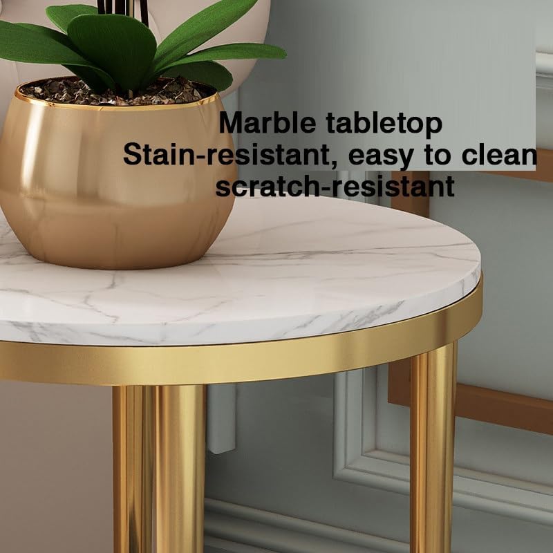 Bedside/Sofa Side Table: Stainless Steel & Marble Two-Tier Small Round Ta...