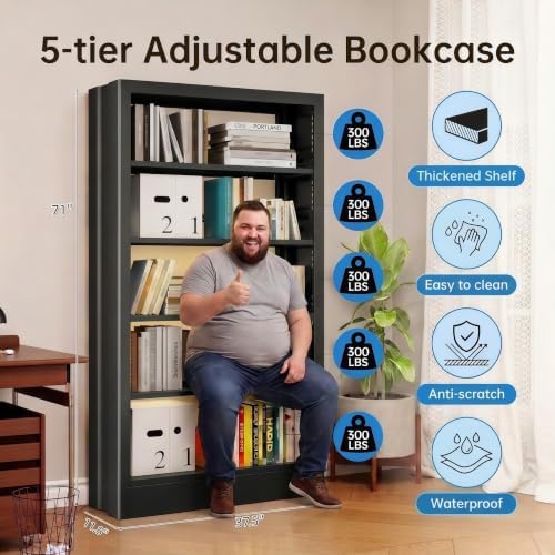 Heavy Duty Metal Bookshelf, 71” Tall 5-Tier Bookcase, Thickened 300LB Capacit...