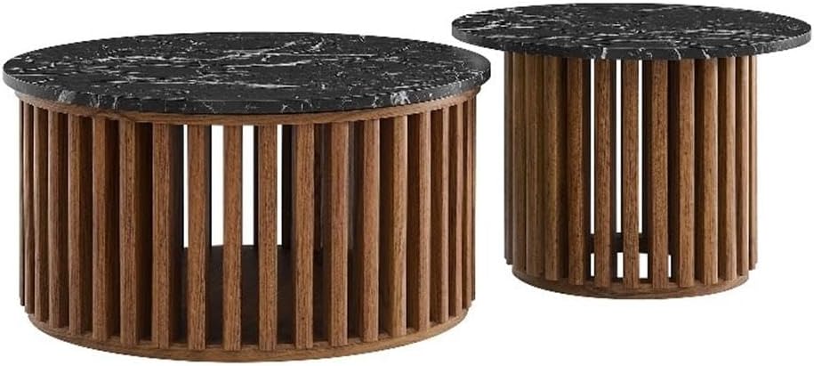 Modway Fortitude Round Faux Marble Wood Nesting Coffee Table Set in Walnut Bl...
