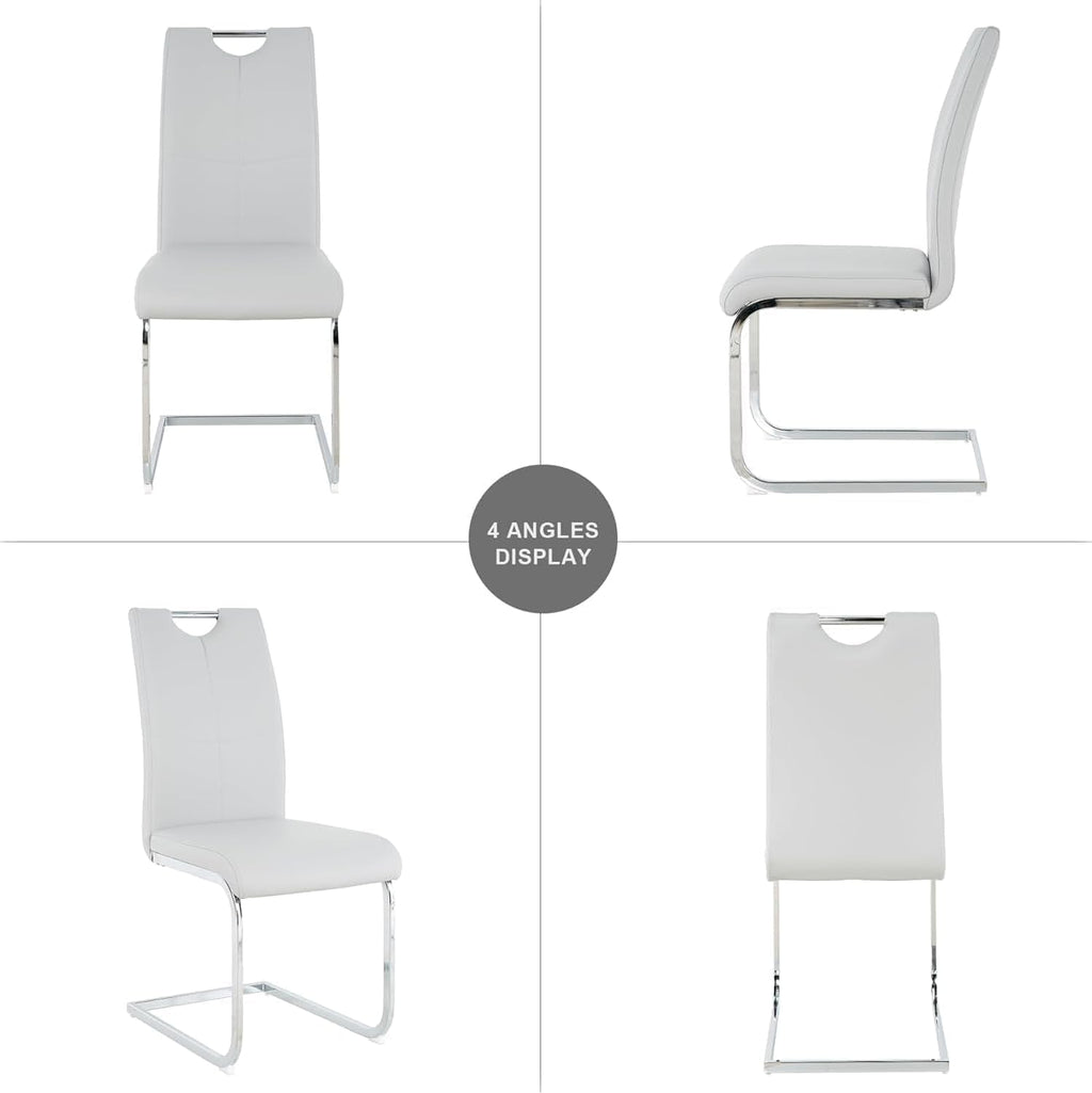 7 Piece Modern Dining Table Set of 6, 47" Tempered Glass Round Dining Tables and 6 Leather Gray Dining Chairs, 47 inch Kitchen Tables with Silver Chrome Metal Base, Small Dining Table Set