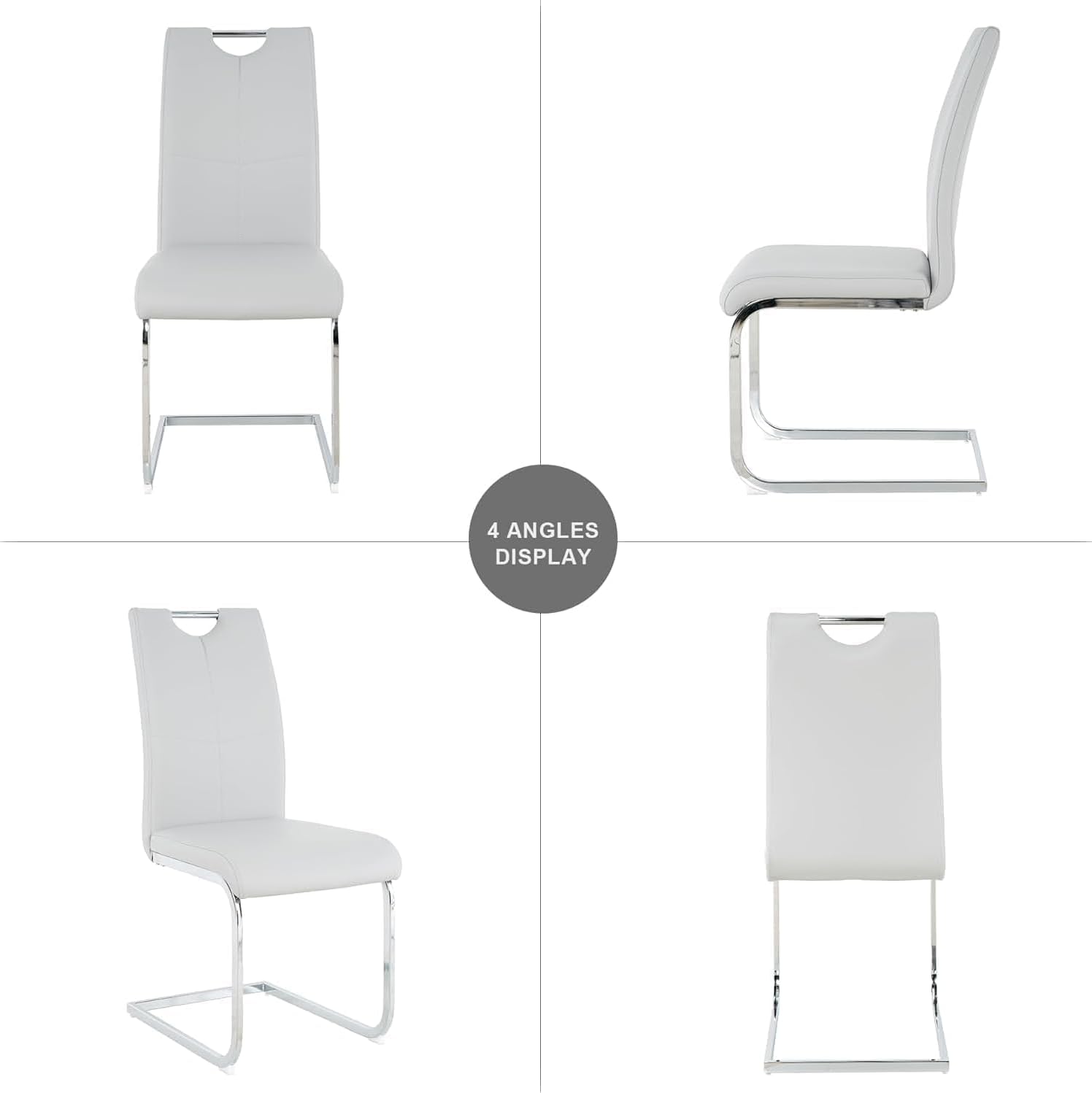 7 Piece Modern Dining Table Set of 6, 47" Tempered Glass Round Dining Tables and 6 Leather Gray Dining Chairs, 47 inch Kitchen Tables with Silver Chrome Metal Base, Small Dining Table Set