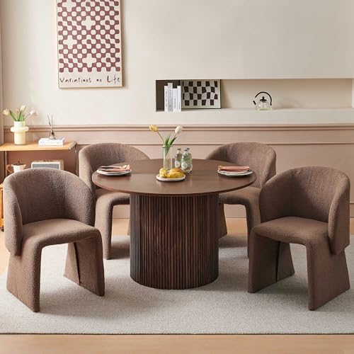 Round Dining Table Set with 4 Upholstered Barrel Armchairs, Seats 4 | Fluted ...