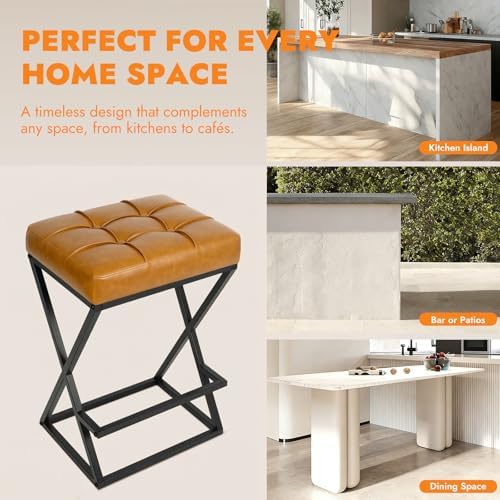 Bar Stools Set of 2, 26 Inch Counter Height Stool Faux Leather Brown | Backle...