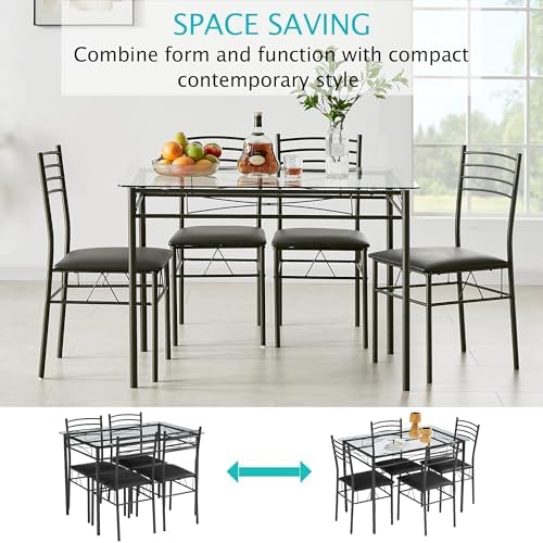 VECELO Dining Table Set for 4, 5-Piece Glass Kitchen Table with Upholstered P...