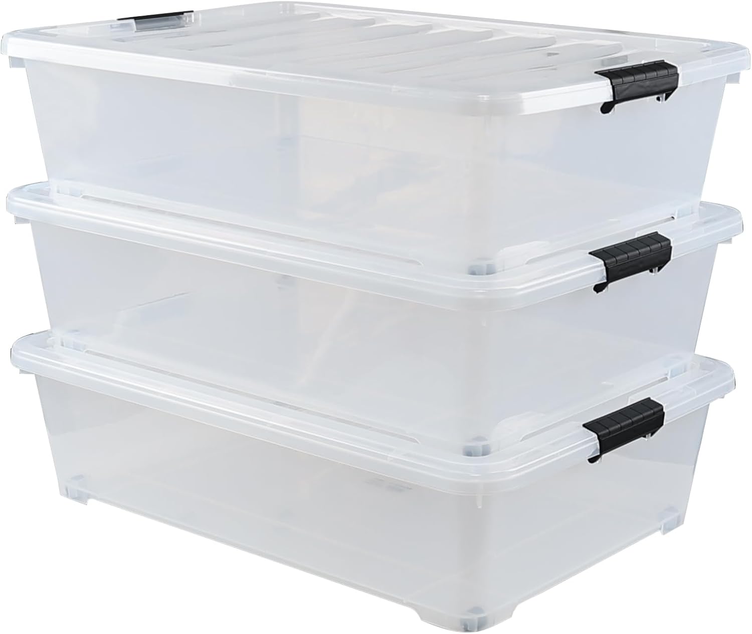 50 Quart Large Clear Underbed Boxes with Wheels, Stackable Plastic Storage Bin with Lids, 3 Packs