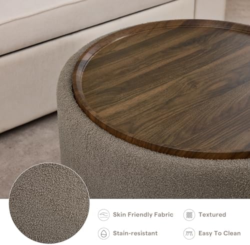 29.5 Inch Round Storage Ottoman Coffee Table, Brown Teddy | Modern Circle Cof...