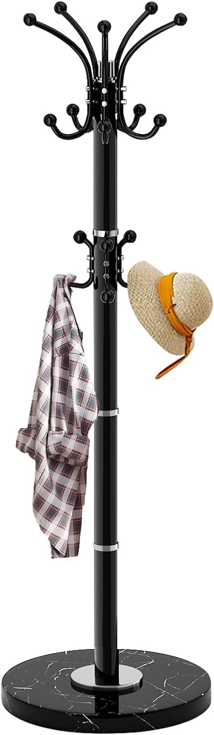 Metal Heavy Duty Coat Rack Stand, Modern Freestanding Coat Rack with Natural Marble Base, 360° Roraty Coat Racks with 16 Hooks, Black Coat Hall Tree Hanger Stand for Entryway, Office