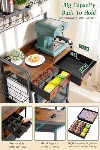 Rolling Coffee Bar Cart for Small Spaces, Coffee Station Cabinet with Storage...