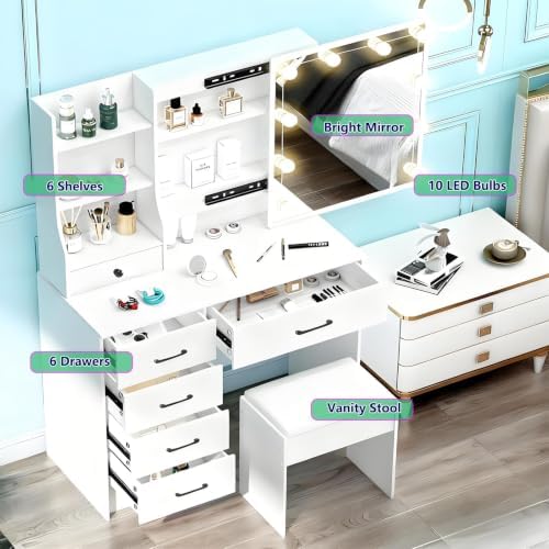 Vanity Desk with Mirror and Lights, 6 Drawers 6 Shelves 1 Stool & Sildeab...