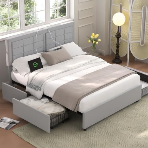 VECELO Queen Size Bed Frame with 4 Storage Drawers & Adjustable Headboard...