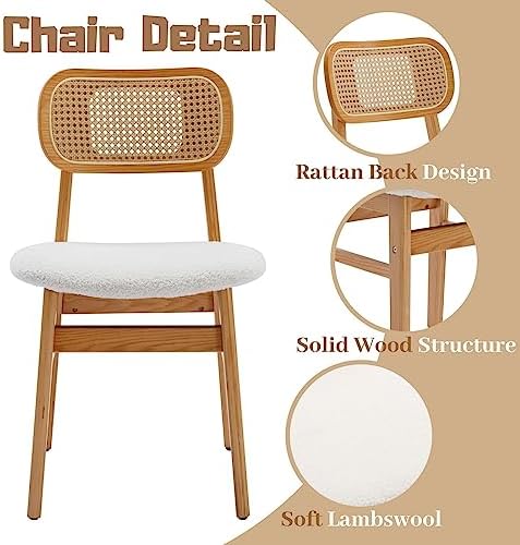 ROCITY Rattan Dining Chairs Set of 6 White Lambswool Dining Room Chairs Natur...