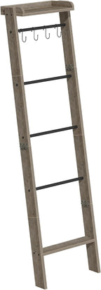 Blanket Ladder Shelf for Living Room, Decorative Quilt Rack with Storage Shelf, 6-Tier Farmhouse Ladder Holder Organizer with 4 Removable Hooks for Bedroom, Greige and Black BR35805B