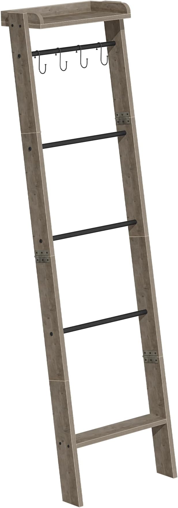 Blanket Ladder Shelf for Living Room, Decorative Quilt Rack with Storage Shelf, 6-Tier Farmhouse Ladder Holder Organizer with 4 Removable Hooks for Bedroom, Greige and Black BR35805B