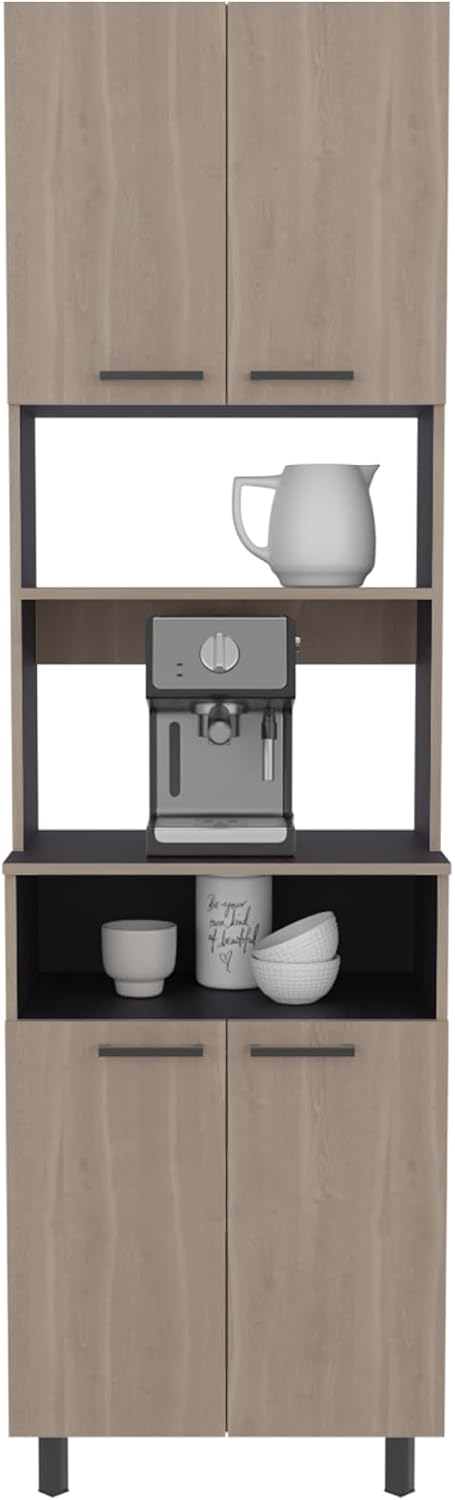 4 Door Kitchen Pantry with 4 Shelves and Legs, White Oak/Black Wengue | 4 doo...