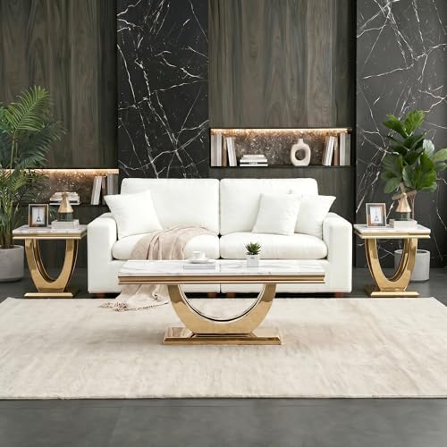 3 Piece Living Room Table Set, Modern Faux Marble Coffee Table and 2 End Tabl...