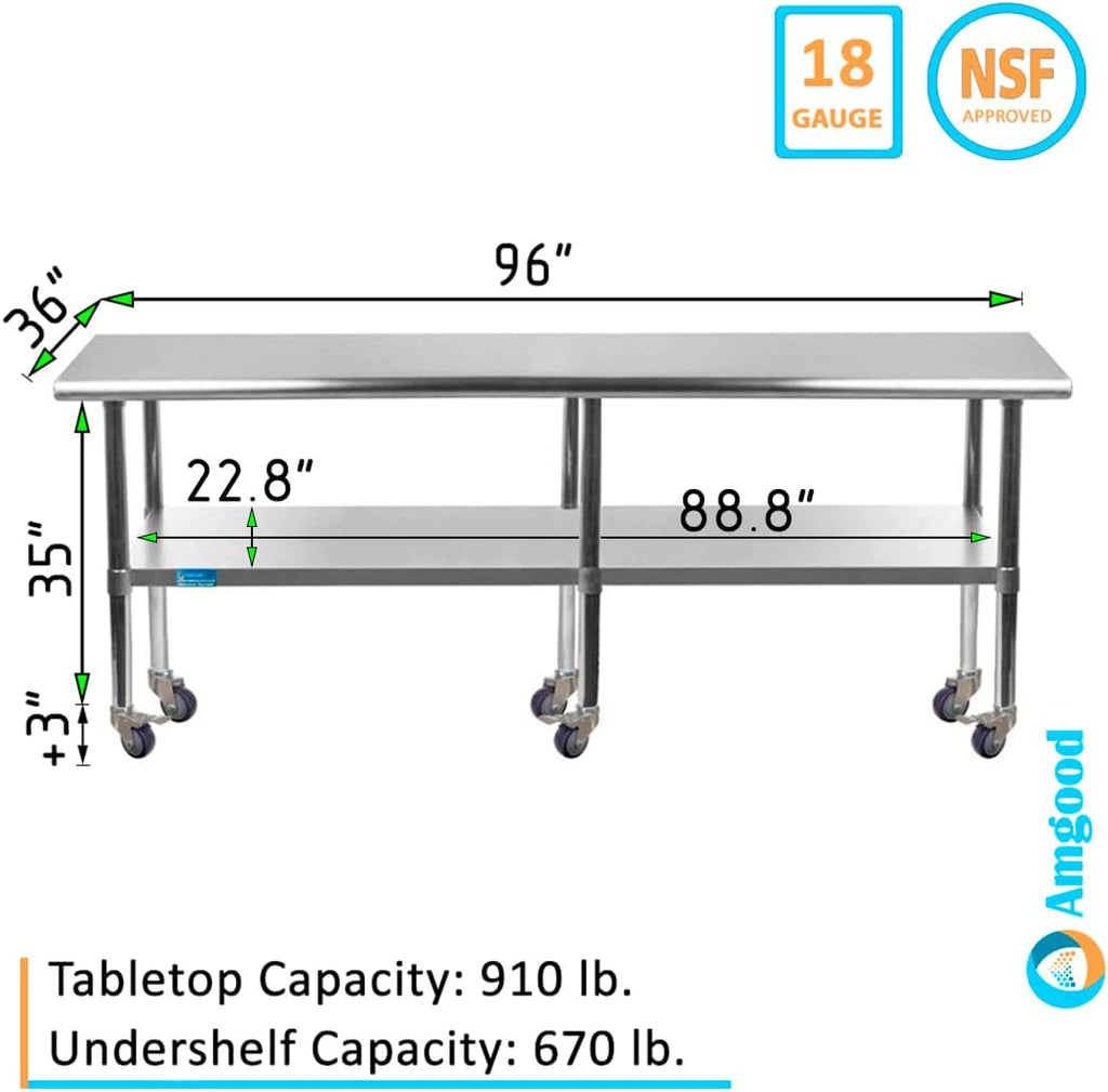 AmGood 96" Long x 36" Deep Stainless Steel Table with Casters