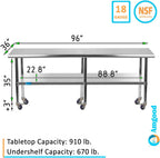 AmGood 96" Long x 36" Deep Stainless Steel Table with Casters