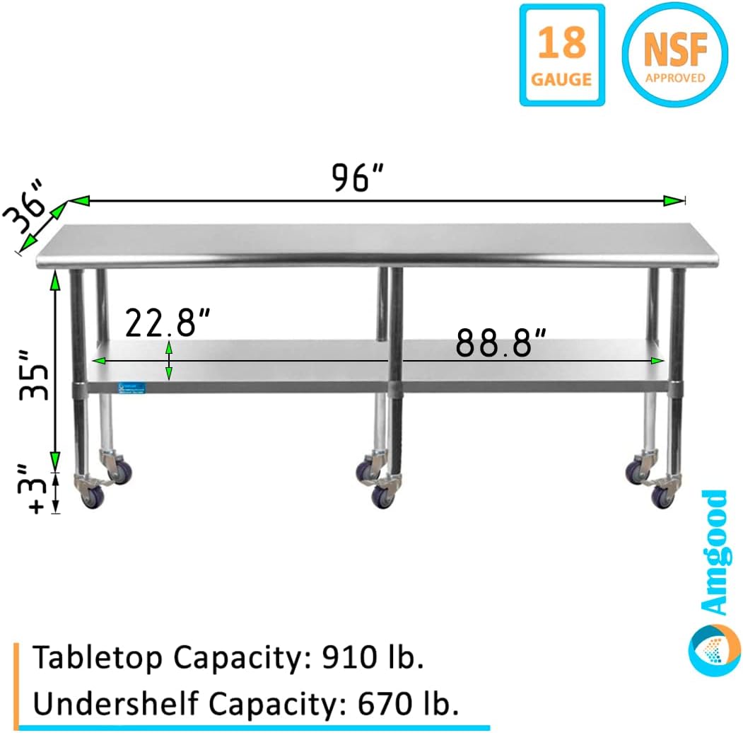 AmGood 96" Long x 36" Deep Stainless Steel Table with Casters