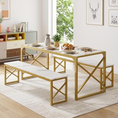 VECELO 55” Kitchen Dining Table Set for 4, Heavy-Duty Steel Frame & Wood-...